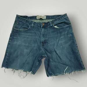 Wrangler Jean Shorts  Mens 32 Cutoff Jorts Hoochie Daddy Medium Wash Whiskering